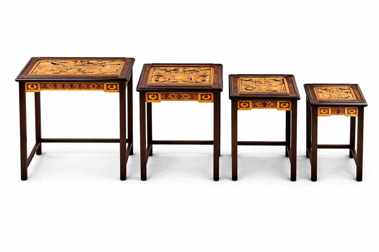 Antique Chinese Camphor Wood Nest of Four Tables with Hand-Carved Panels