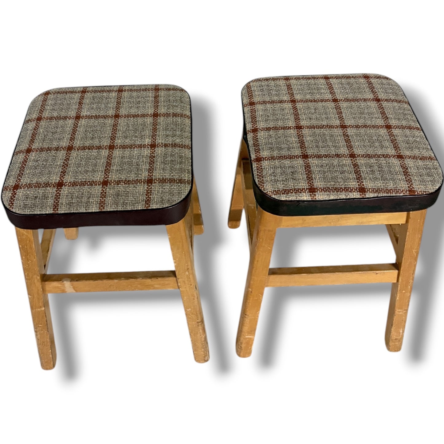 Mid Century Stools - Pair of Vintage Oak Tweed Upholstered Footstools 33cm