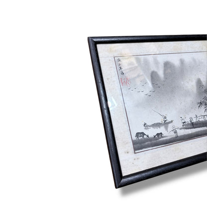 Vintage Oriental Ink Landscape Painting – Framed Asian Watercolour Artwork — view 8