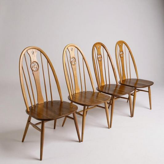 Mid Century Modern Set of 4 Ercol Dining Chairs Windsor Bow Backs Swan
