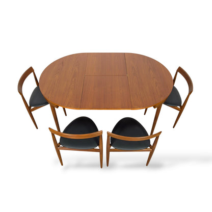 Hans Olsen Frem Røjle Teak Dining Set | Danish Mid Century Round Extending Table & 4 Tri-Leg Chairs