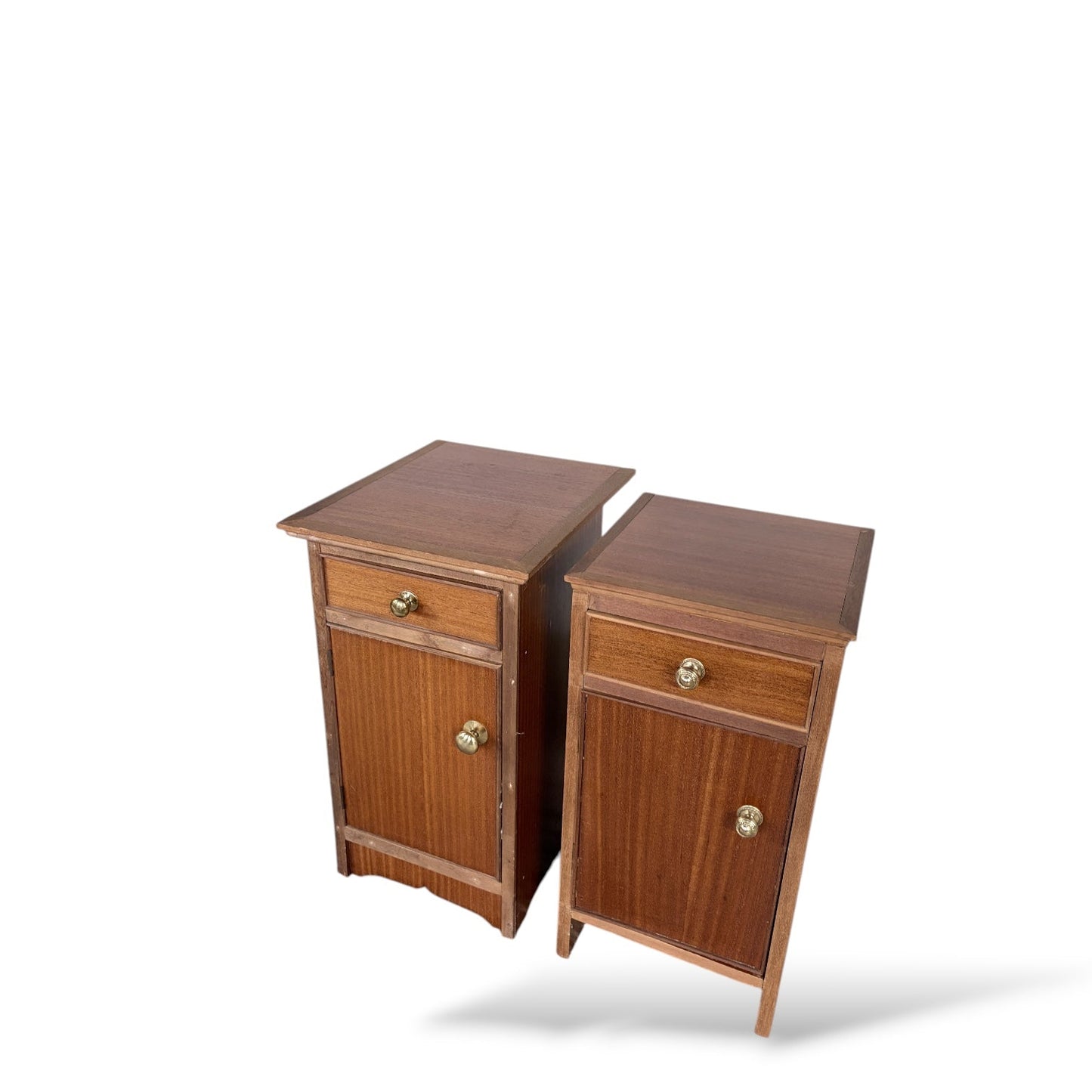 Pair of Mid Century Vintage Bedside Cabinets – Wooden Mismatched Nightstands with Storage