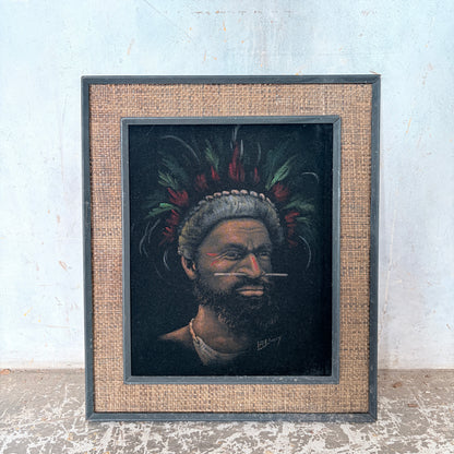 Vintage Signed Oil Portrait of a Papuan Highlander by L. Rewey | Original Mid-Century Framed Oil Painting — view 2