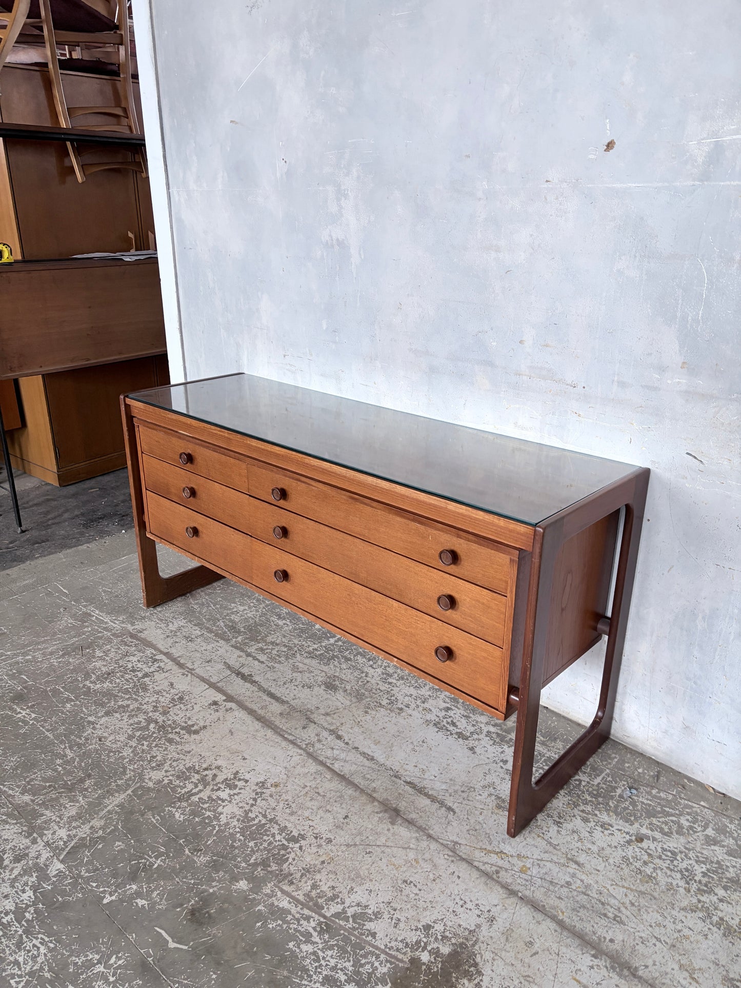 Mid Century William Lawrence Teak Sleigh Leg Chest of Drawers
