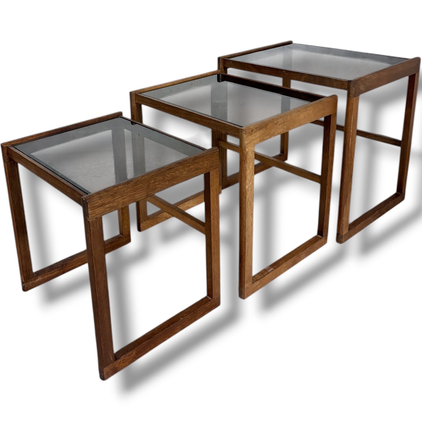 Nesting Teak Tables - Danish Mid Century Coffee Tables With Smoked Glass Tops