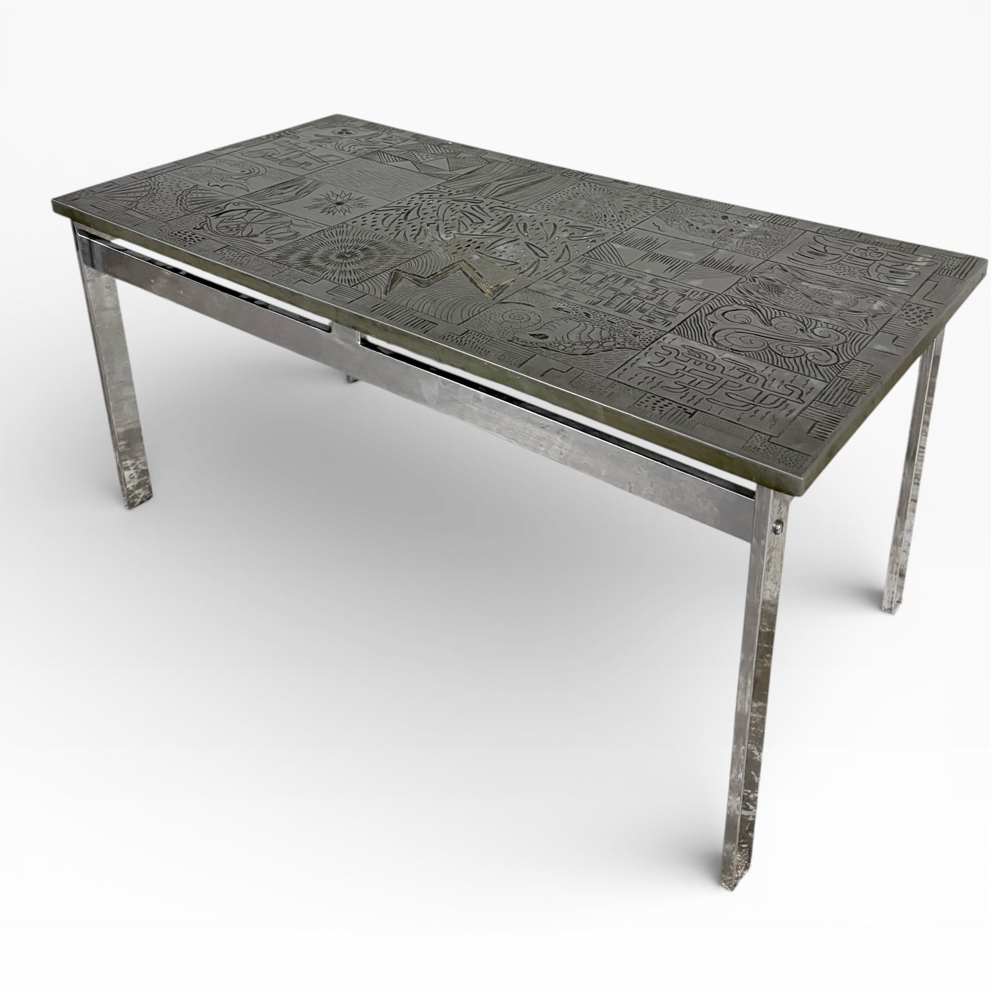 Mid Century Carved Copper & Chrome Abstract Tile Coffee Table