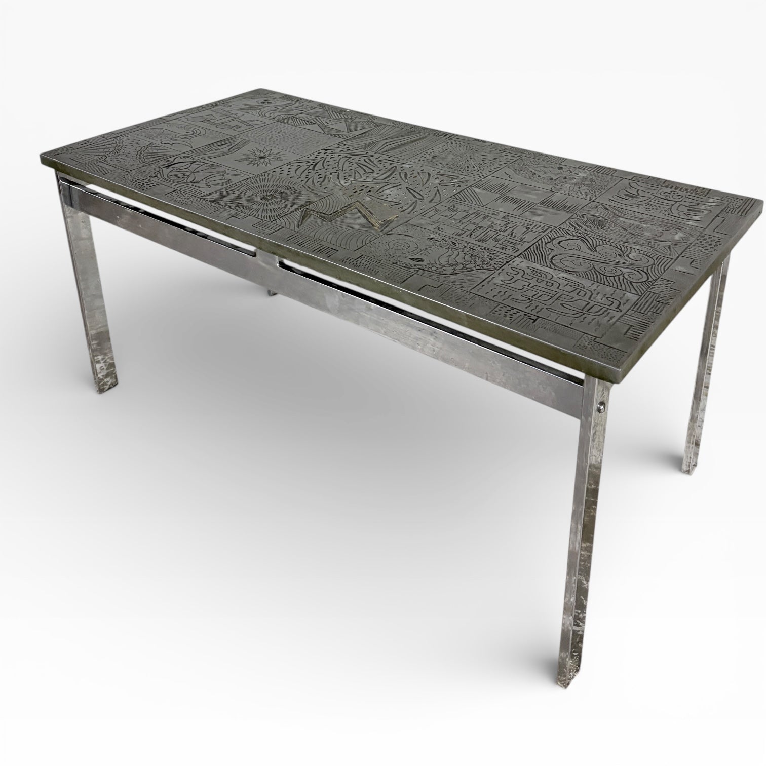 Mid Century Carved Copper & Chrome Abstract Tile Coffee Table