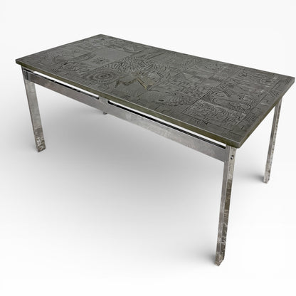 Mid Century Carved Copper & Chrome Abstract Tile Coffee Table