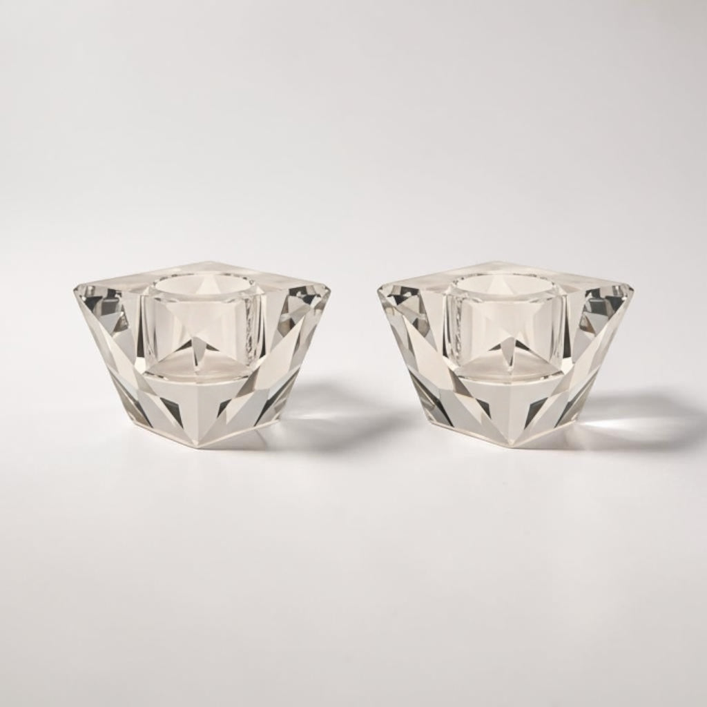 Pair of Mid Century Lucite Faceted Candle Holders – Geometric Crystal