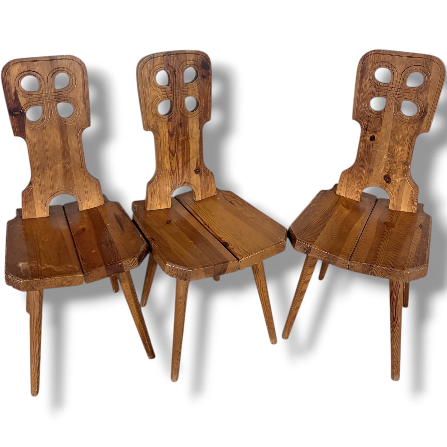 Folk Brutalist Chairs | Solid Wood Mid Century Dining Set of Four | Hand Carved