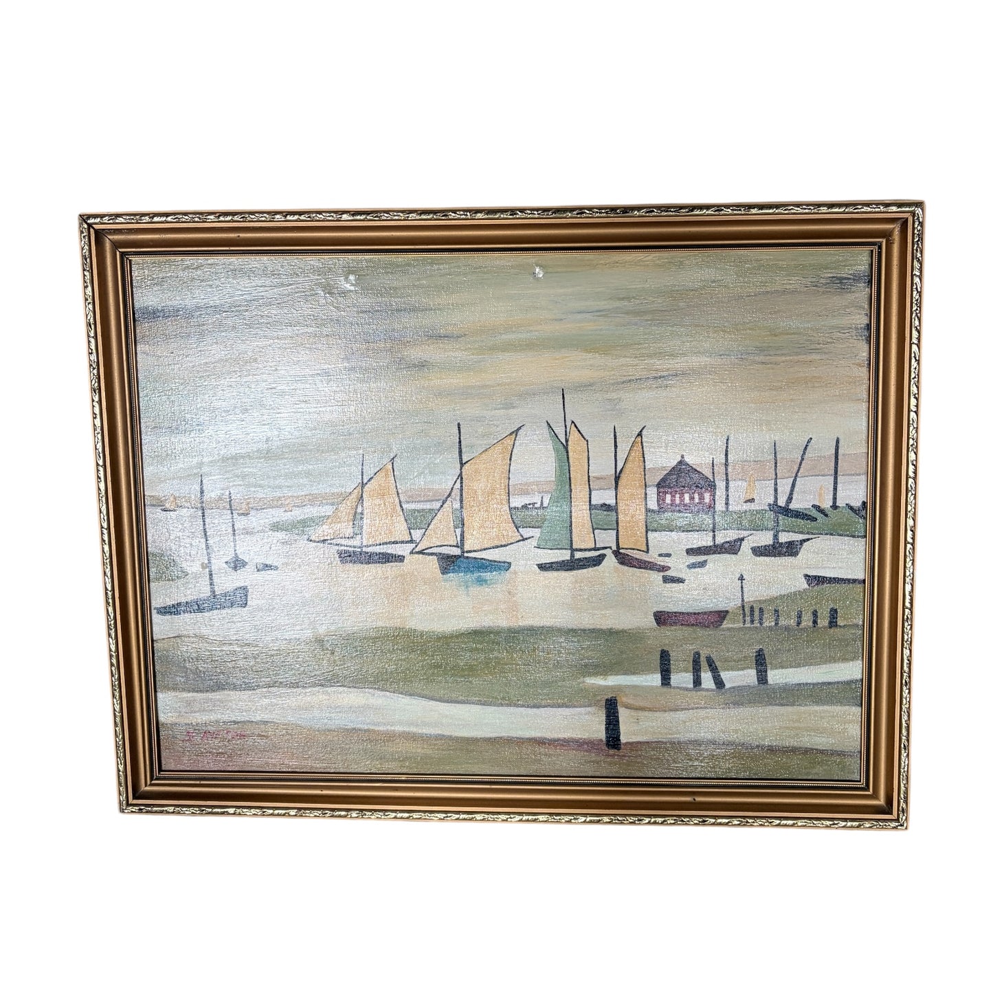 Vintage Coastal Harbour Painting by D. Ayrton – Sailboats & Shoreline in Ornate Gold Frame