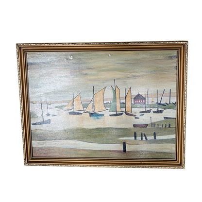 Vintage Coastal Harbour Painting by D. Ayrton – Sailboats & Shoreline in Ornate Gold Frame