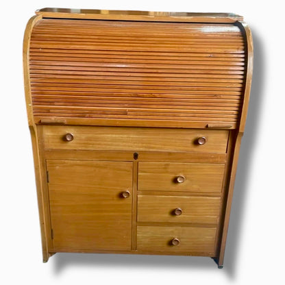 Vintage Oak Tambour Roll Top Bureau Desk