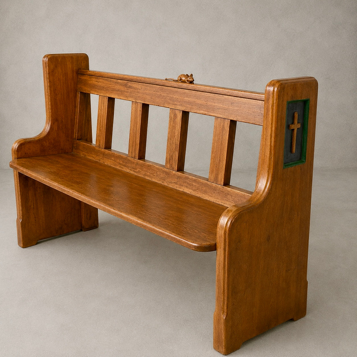 1950s Yorkshire Oak & Pine Church Pew Bench with Hand-Carved Mouse | Mouseman Inspired