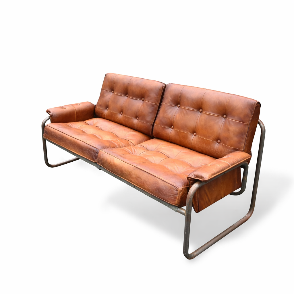 Vintage IKEA “Borkum” Leather and Tubular Chrome Sofa By Johan Häggström, Sweden, 1970s
