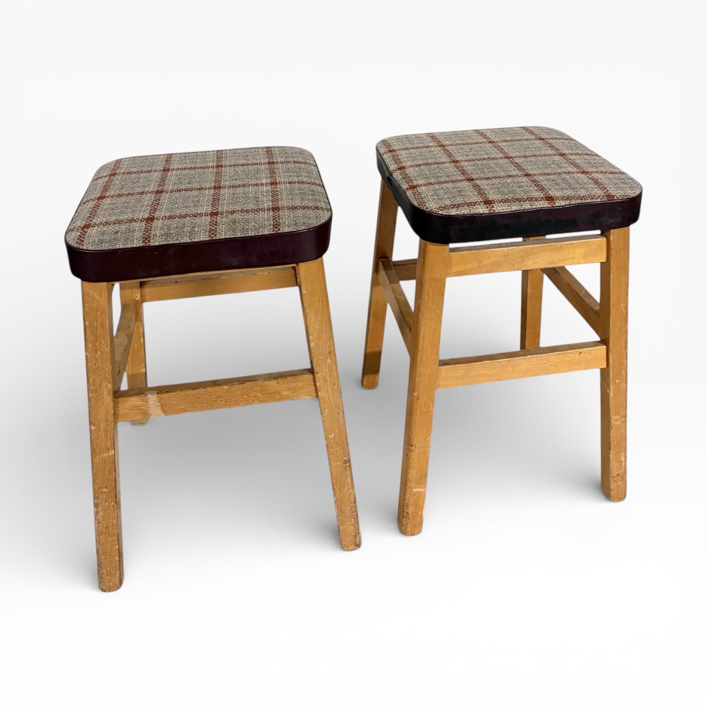 Mid Century Stools - Pair of Vintage Oak Tweed Upholstered Footstools 33cm