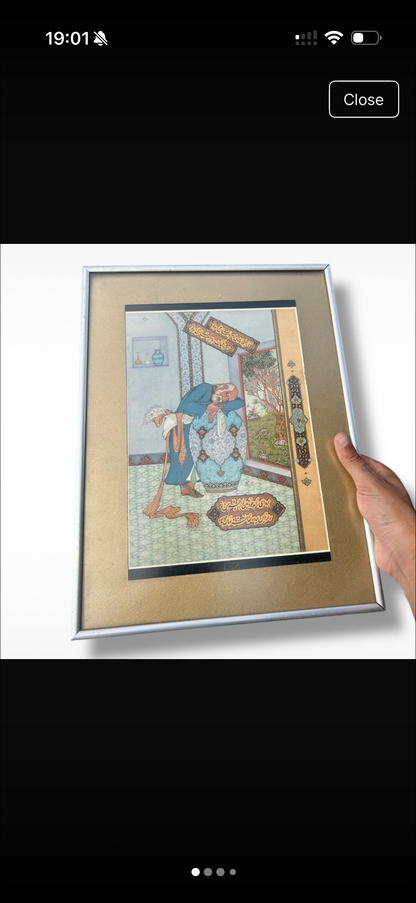 Framed Persian Miniature Art Print – Vintage Middle Eastern Illustration with Calligraphy