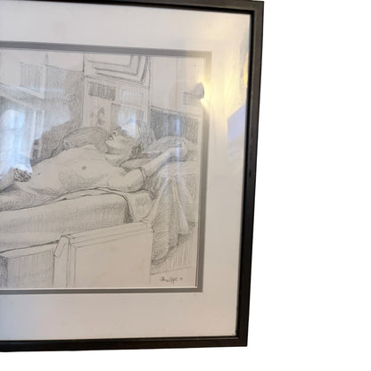 Vintage Framed Figurative Pencil Drawing – 1990s Nude Study Sketch Artwork