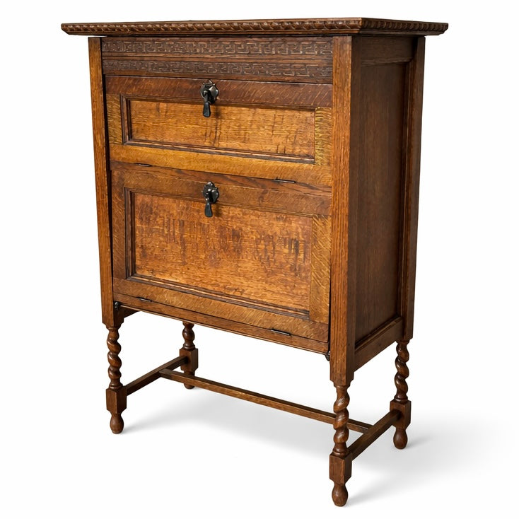 Antique Oak Two-Tier Cabinet with Turned Legs