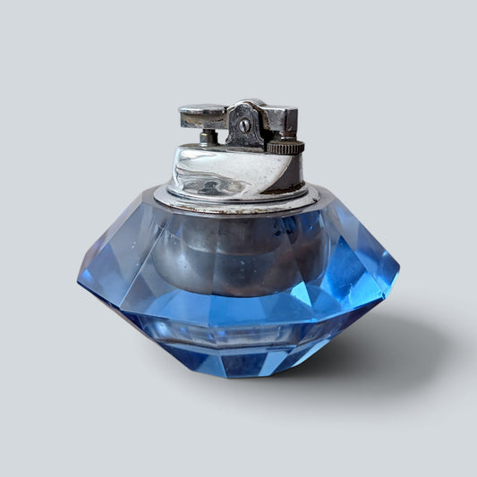 Vintage Blue Faceted Crystal Glass Table Lighter – Mid-Century