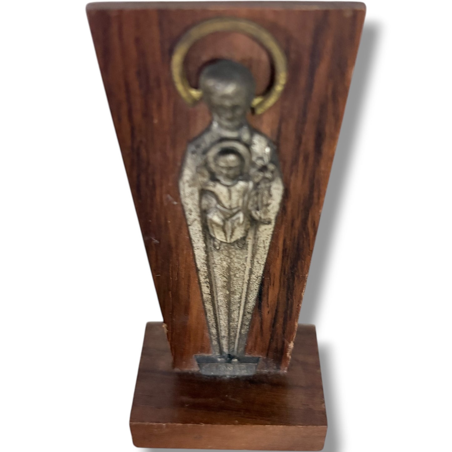 Mid Century Religious Sculpture – St Joseph Statue with Christ Child on Solid Wood Plinth