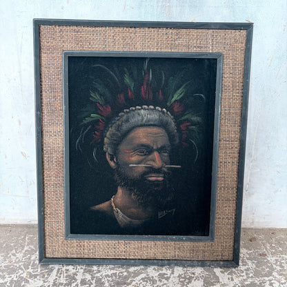Vintage Signed Oil Portrait of a Papuan Highlander by L. Rewey | Original Mid-Century Framed Oil Painting — view 6