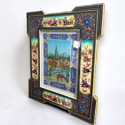 Vintage 1950s Persian Khatam Mosaic Watercolour Painting