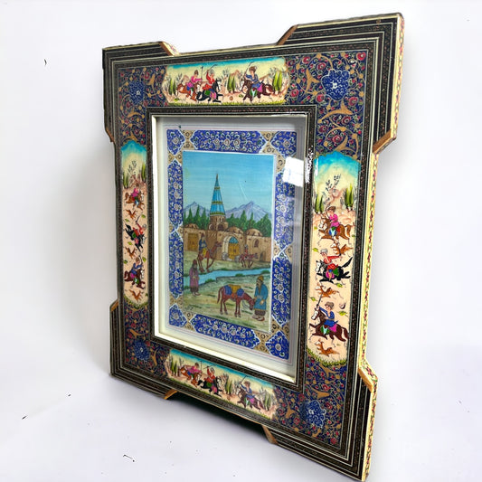 Vintage 1950s Persian Khatam Mosaic Watercolour Painting