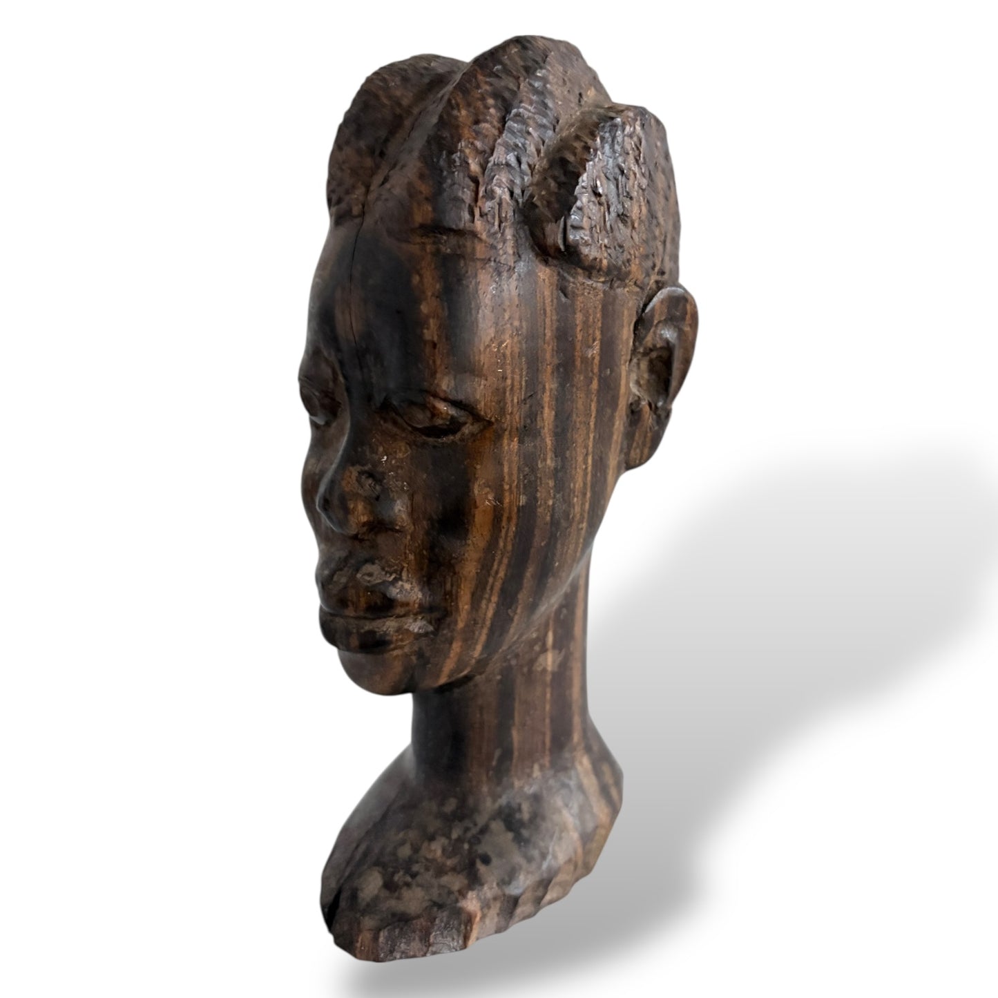 Hand-Carved Wooden Head Sculpture – Mid Century / Tribal Style Decorative Bust — view 3