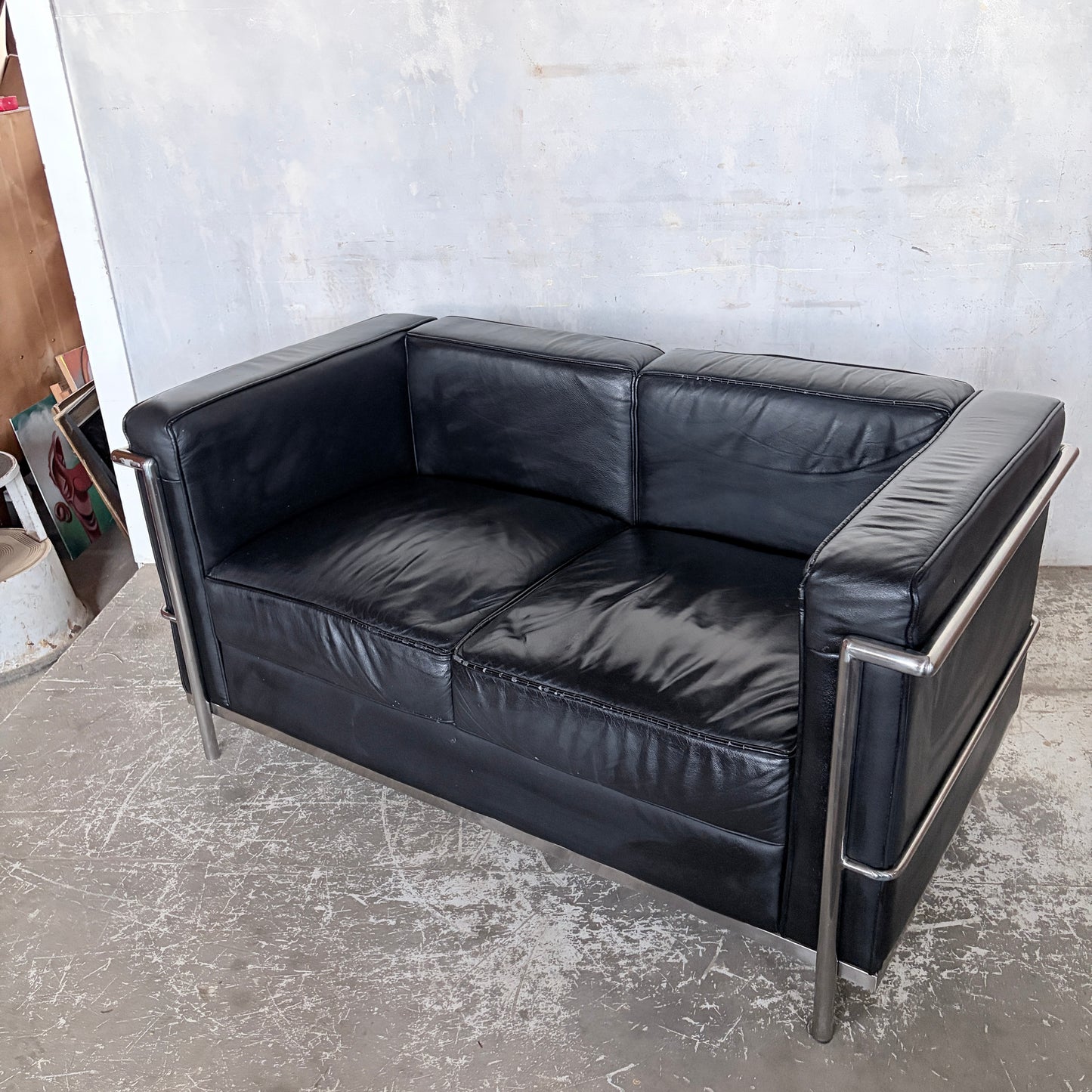 Mid Century Black Leather & Chrome Two Seater Sofa | Le Corbusier LC2 Style