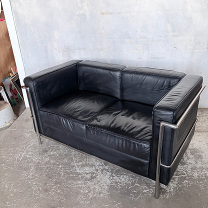 Mid Century Black Leather & Chrome Two Seater Sofa | Le Corbusier LC2 Style