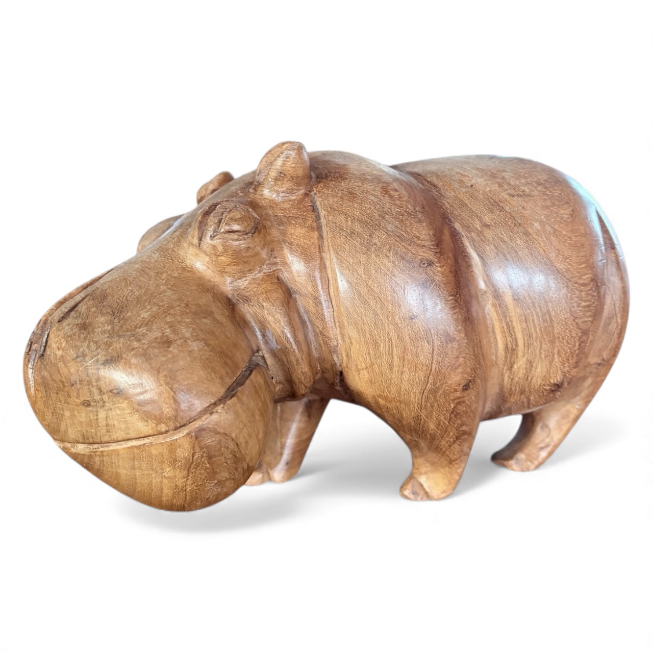 Wood Hippopotamus Sculpture - Mid Century Hand Carved Solid Teak Statue