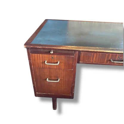 Mid Century Mahogany Desk with Blue-Grey Leather Writing Surface