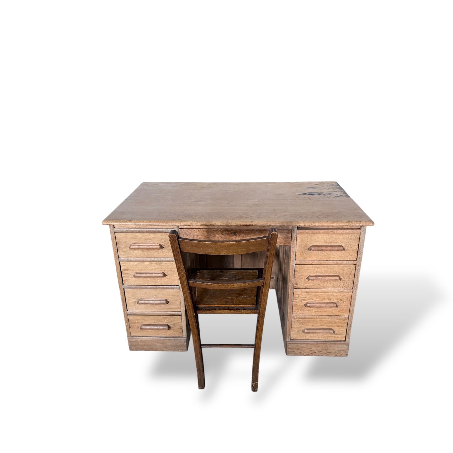 Vintage Pine & Oak Twin Pedestal Desk – 8 Drawer Writing Desk