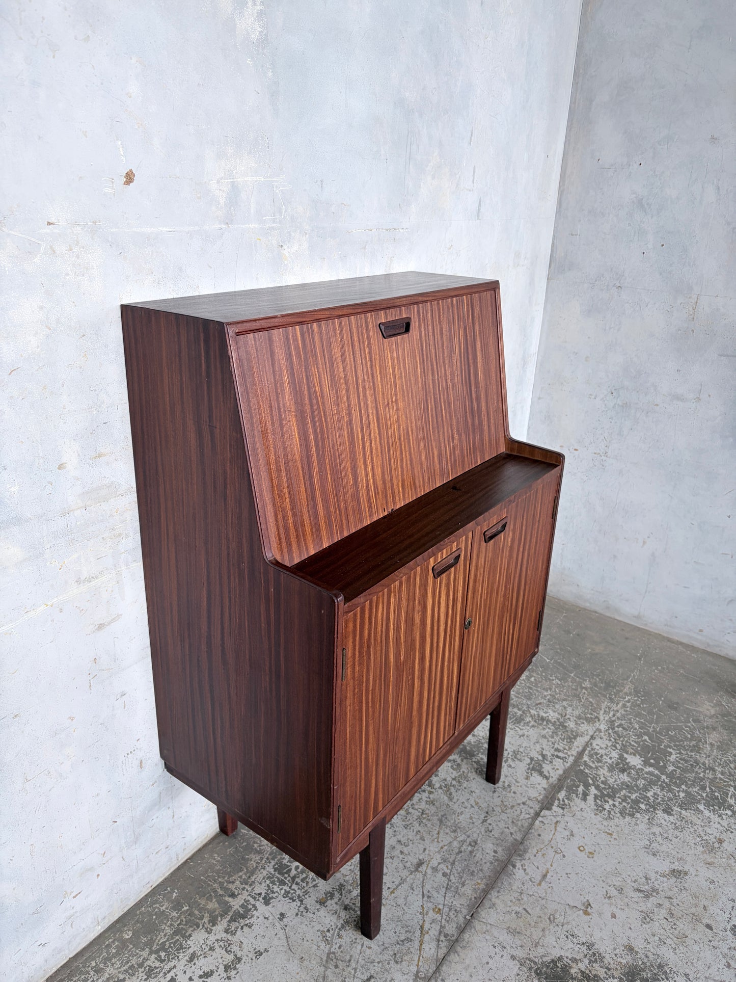 Mid Century Walnut & Teak Bureau Desk Cabinet