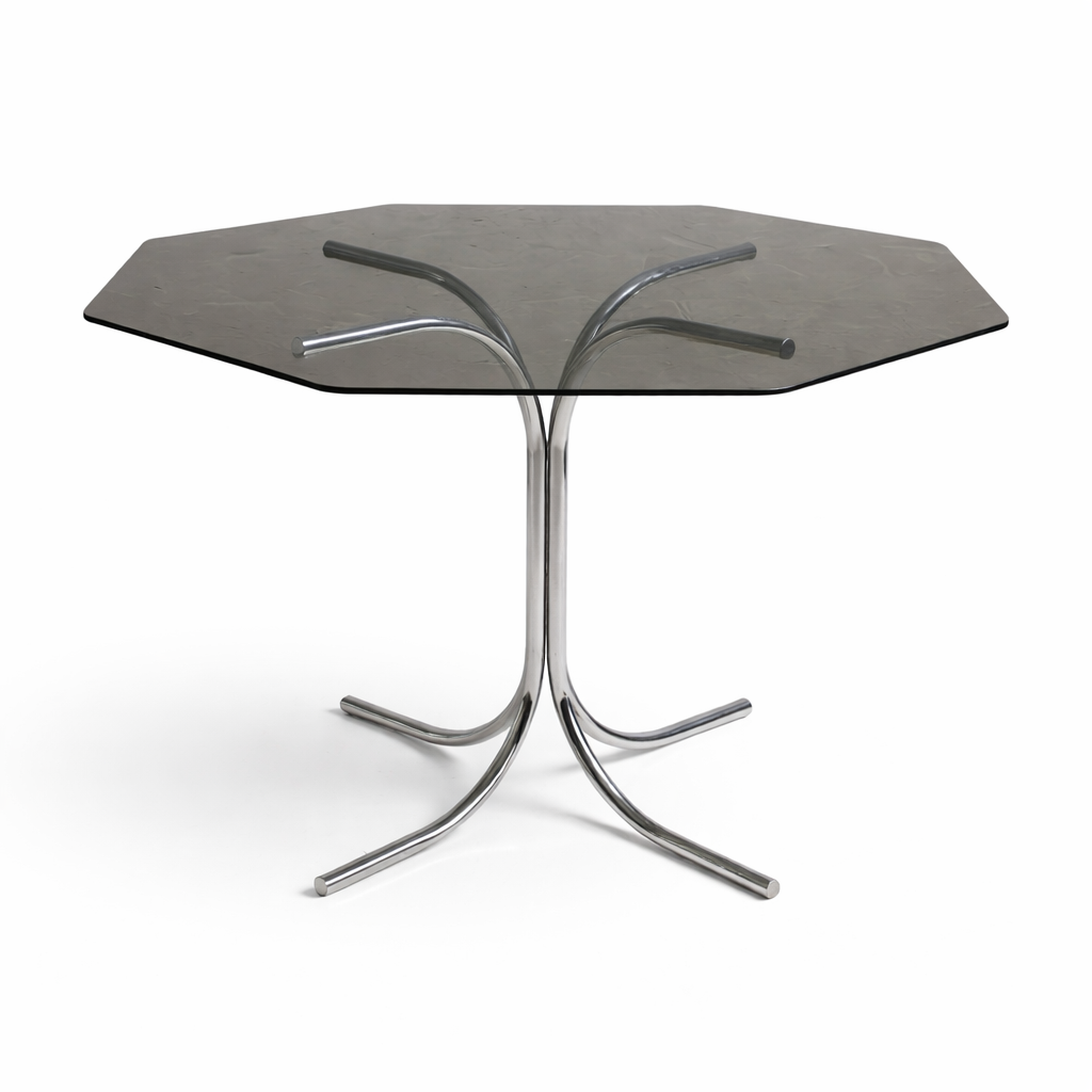 Mid Century Italian Chrome & Smoked Glass Dining Table with Cantilever Chairs