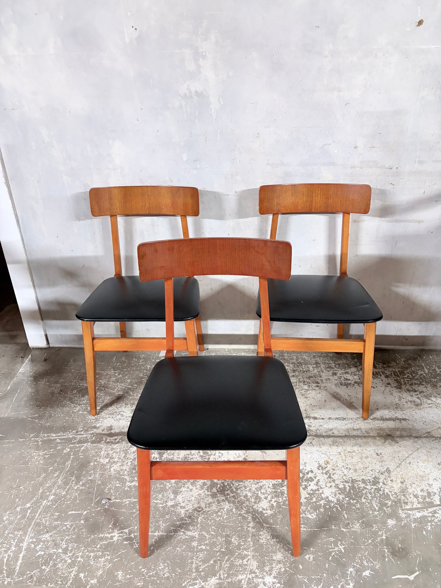 Mid Century Danish Teak Dining Chairs – Set of 3, Black Vinyl Seats