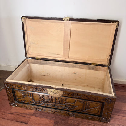 Antique Chinese Camphor Wood Carved Blanket Chest Hand-Carved Hope Chest Storage Trunk