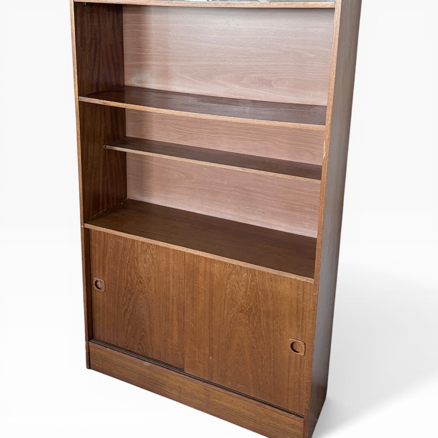 Vintage Danish Teak Tall Bookcase Cabinet with Sliding Doors