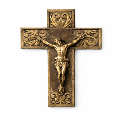 1970s Brass & Oak Crucifix Wall Sculpture – Vintage Religious Wall Art