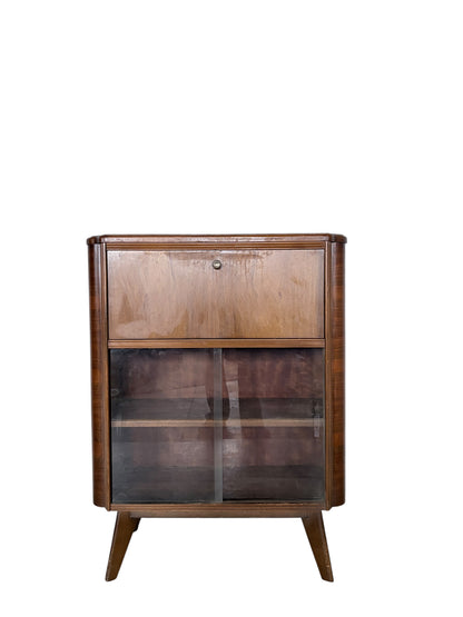 Art Deco Walnut Bureau Drinks Cabinet with Glazed Display