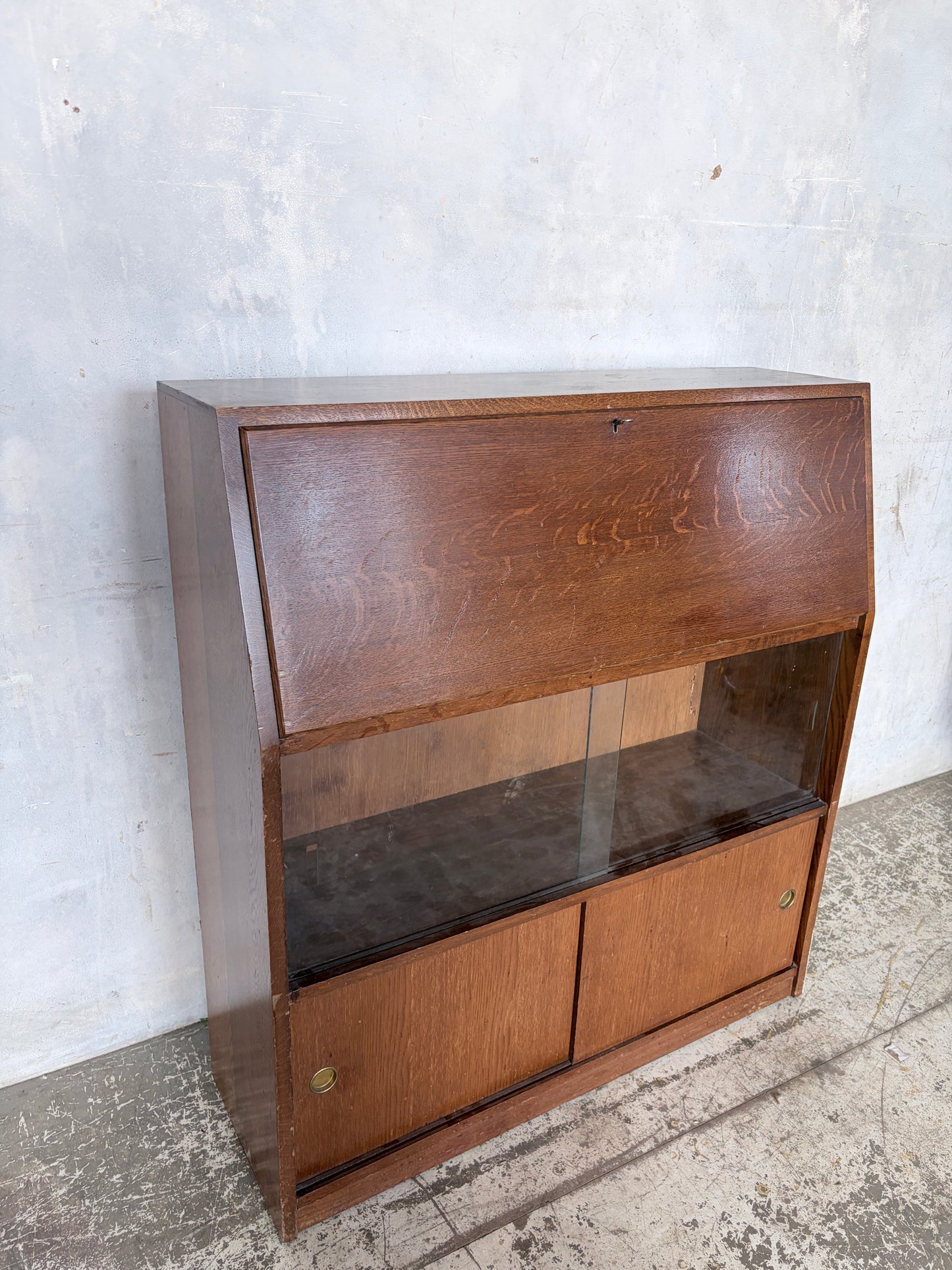 Vintage Mid Century Oak Bureau Cabinet with Sliding Doors