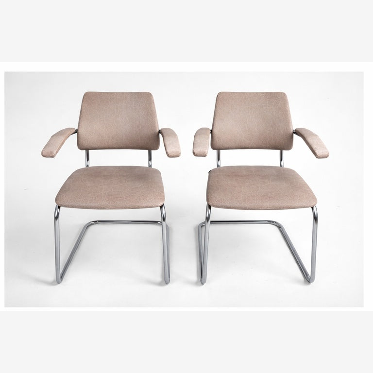 Pair of Mid Century Chrome Cantilever Dining Chairs / Bauhaus Style Stacking Chairs