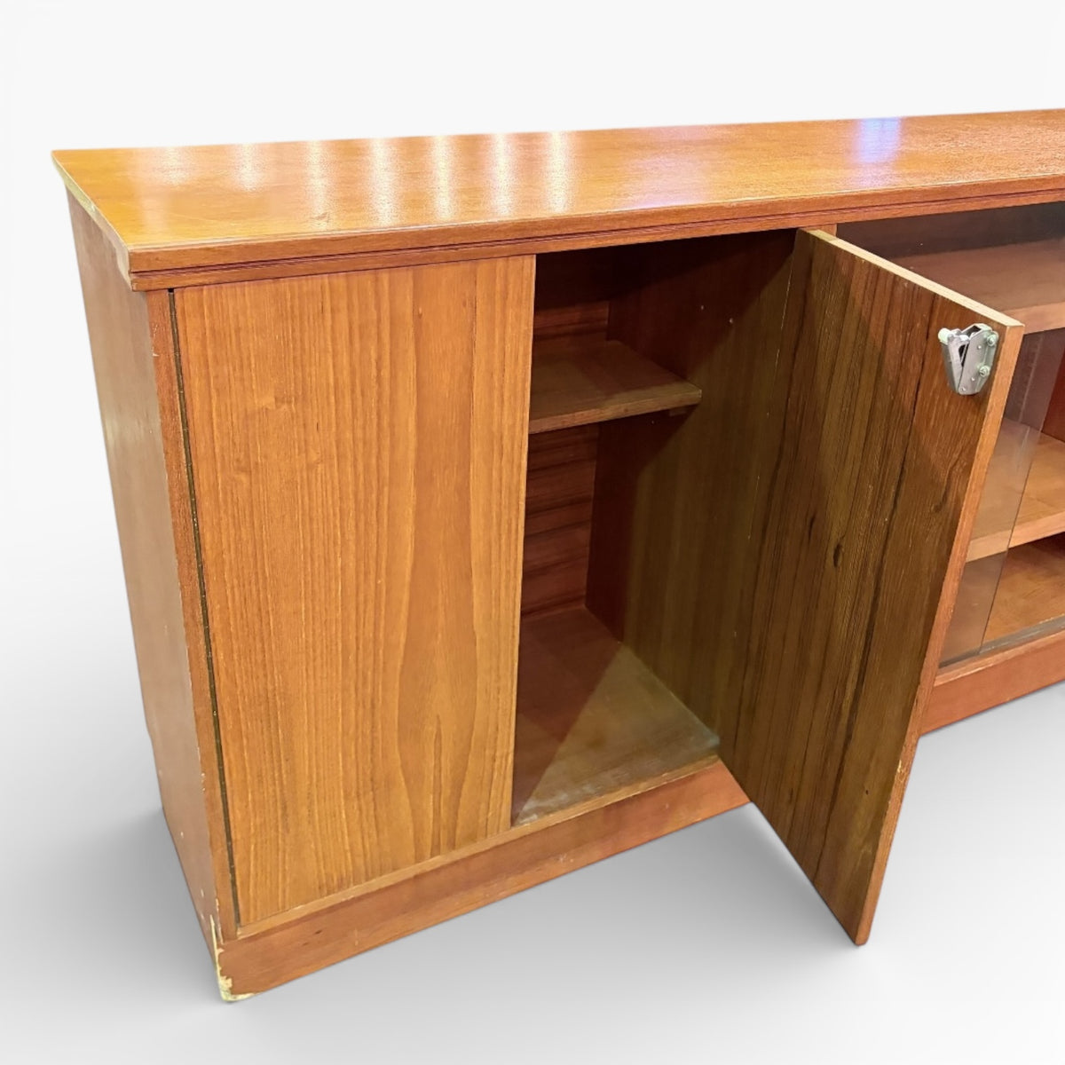 Mid Century Teak Sideboard – Vintage Storage Cabinet with Glazed Display