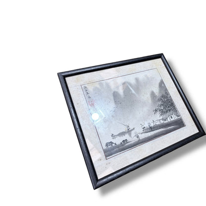 Vintage Oriental Ink Landscape Painting – Framed Asian Watercolour Artwork — view 4