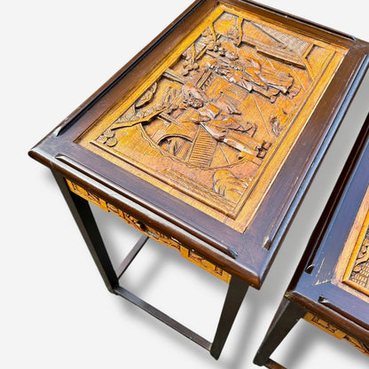 Antique Chinese Camphor Wood Carved Nest of Four Tables