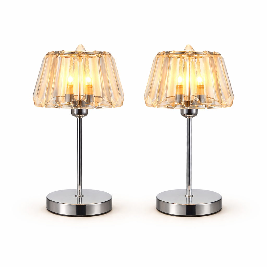 Vintage Chrome Table Lamps with Faceted Acrylic Shades Pair