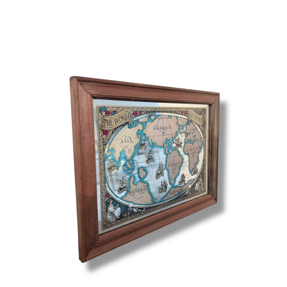 Vintage World Map Mirror in Solid Wood Frame