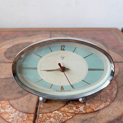 Mid Century Atomic Oval Alarm Clock | Blue & Cream Desk Clock