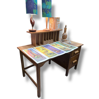 Vintage Oak School Desk – Solid Wood Writing Desk with Drawers